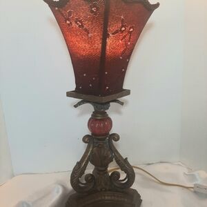 Victorian Style cranberry and old gold tone torchiere.17".